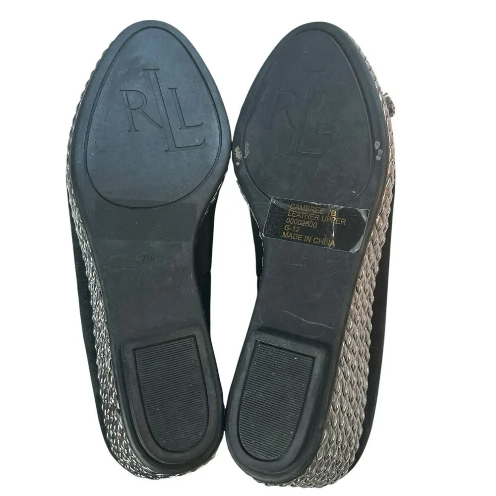 Lauren Ralph Lauren Black Suede Espadrille Wedge Size 7B Cambree Silver Metallic